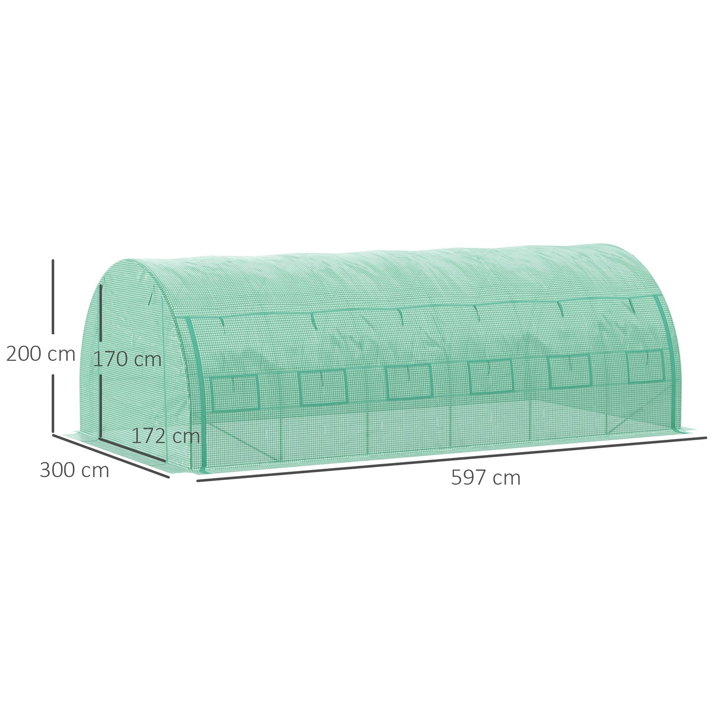 Tunel foliowy Outsunny, namiot do uprawy, z rolowanymi ścianami bocznymi, drzwiami zamykanymi na zamek i 12 oknami, 6x3x2m, zielony