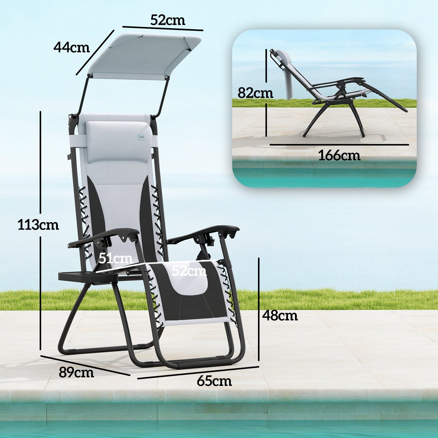 Zestaw 2 składanych leżaków Outsunny Zero Gravity, rozkładany leżak ogrodowy z osłoną przeciwsłoneczną, wyściełanym siedziskiem, uchwytem na kubek, miękką poduszką i zagłówkiem, do użytku przy basenie, kempingowy, jasnoszary