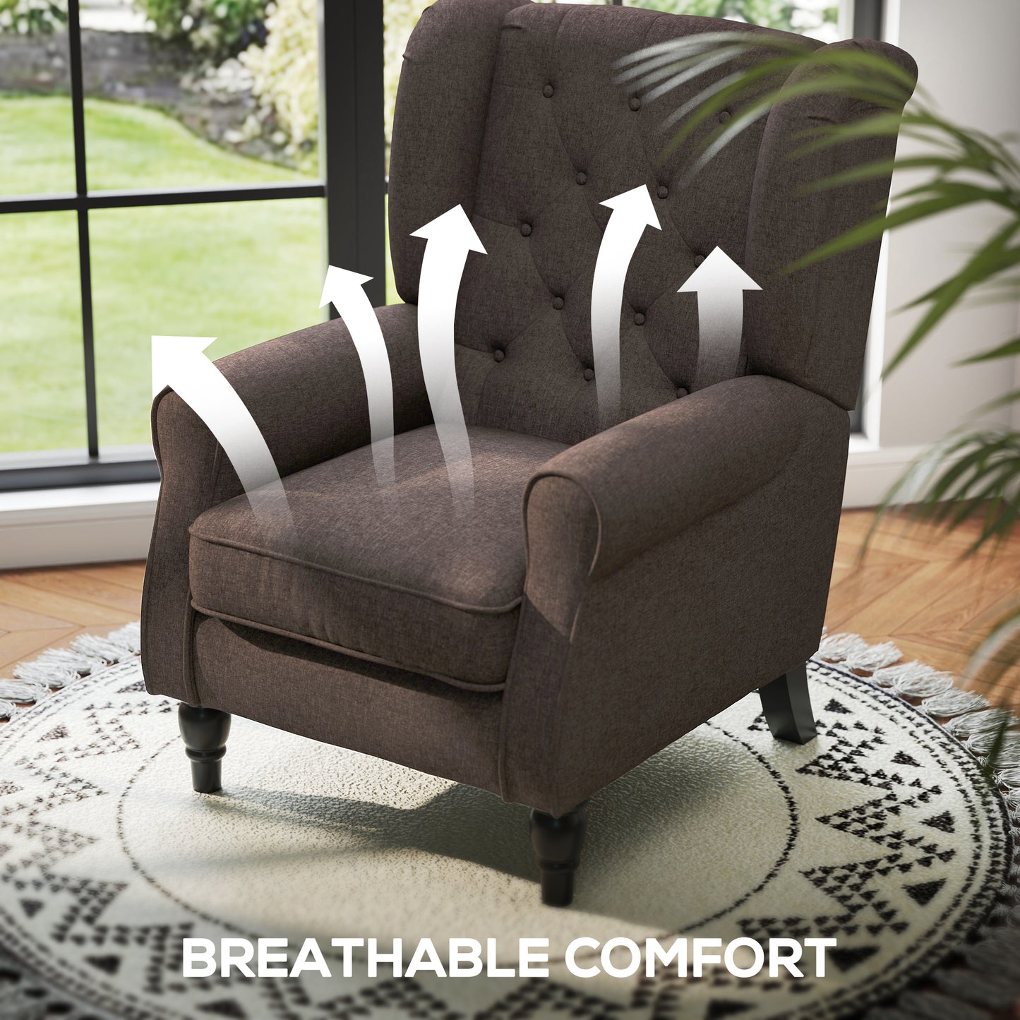 HOMCOM Retro Accent Chair, Linen Wingback Armchair with Wood Frame Button Tufted Design for Living Room Bedroom, Brown