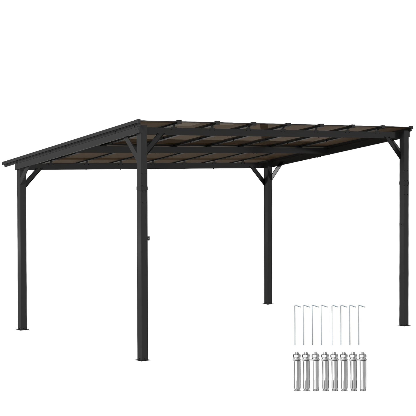 Pergola metalowa Outsunny 3 x 4,3 m z dachem z poliwęglanu z filtrem UPF 50+ i wodoodporną powłoką, altana ogrodowa montowana na ścianie lub wolnostojąca, wiatroodporna osłona przeciwsłoneczna, ciemnoszara