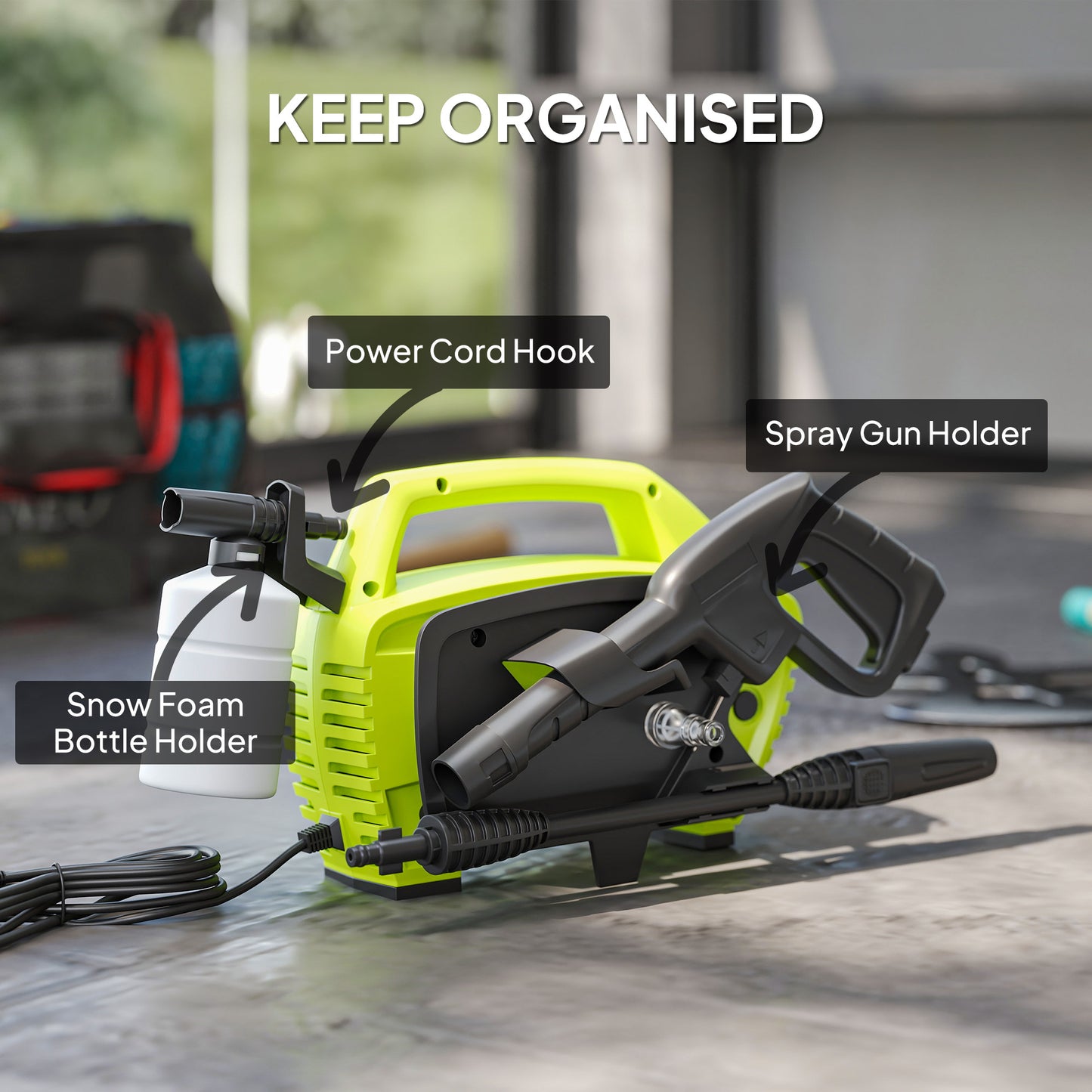 Outsunny 1600W High Pressure Washer, 130 Bar Pressure, 390 L/h Flow, Portable Power Washer Jet Wash Cleaner with Adjustable Nozzle, 6M Hose, Handle for Home Patio Car Driveway, Green
