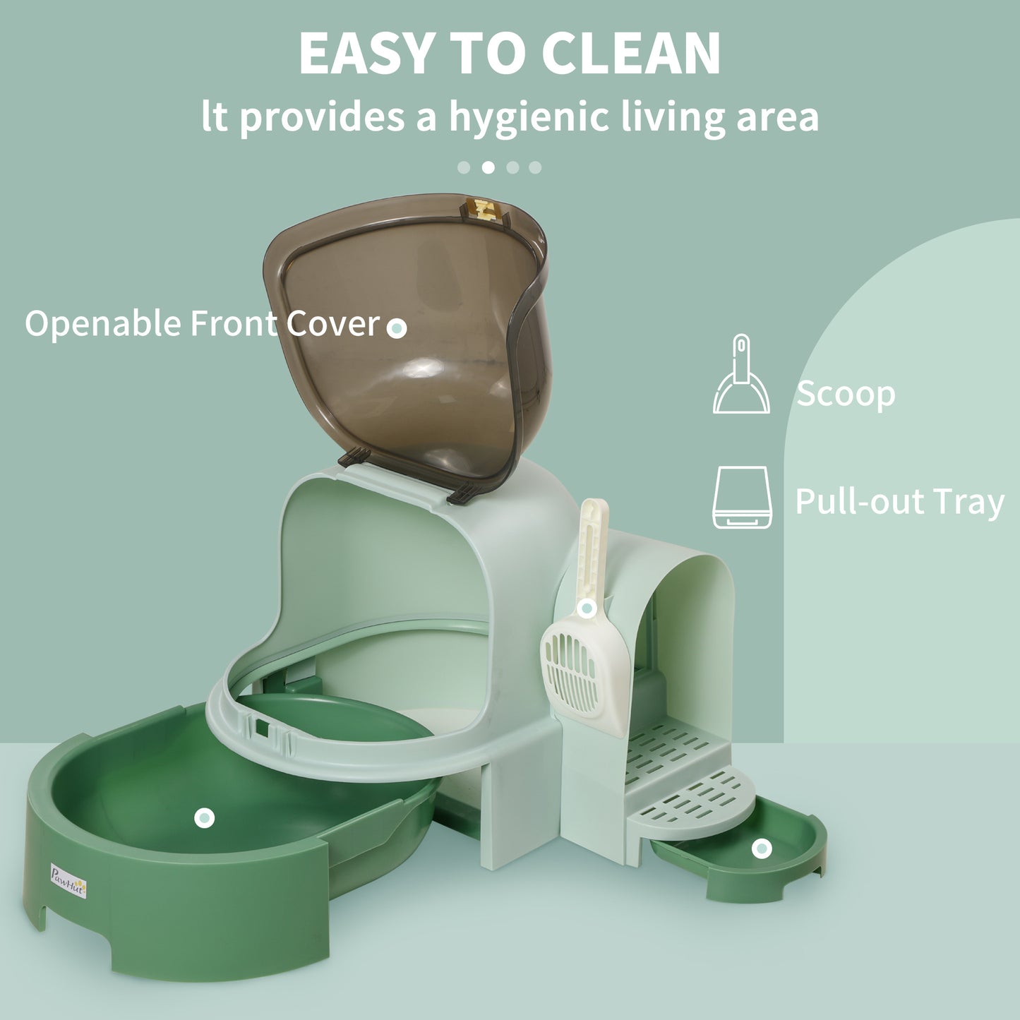PawHut 2 in 1 Cat Litter Box, with Drawer Pans, Scoop, Openable Cover - Green