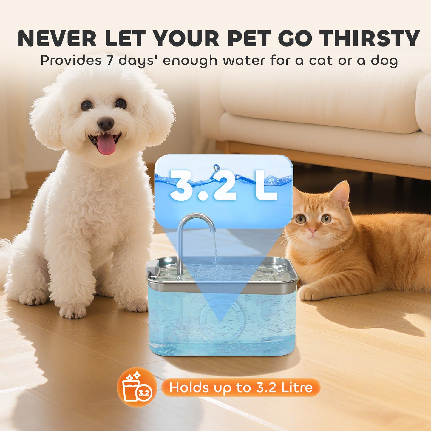 PawHut 3.2L Cat Water Fountain for Drinking, Cat Fountain Stainless Steel with Visible Water-Level Window, Ultra-Silent Pump