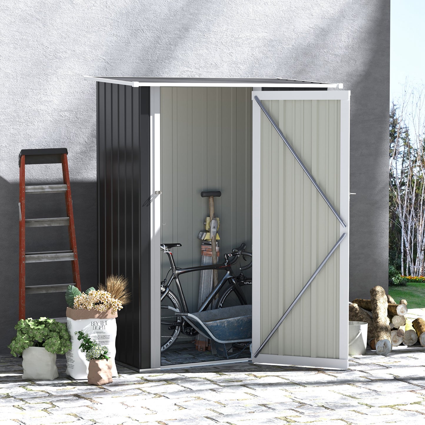 Outsunny 5ft x 3ft Metalowy ogrodowy schowek, zewnętrzny schowek na narzędzia ze spadzistym dachem, zamykane drzwi na narzędzia, sprzęt, szary