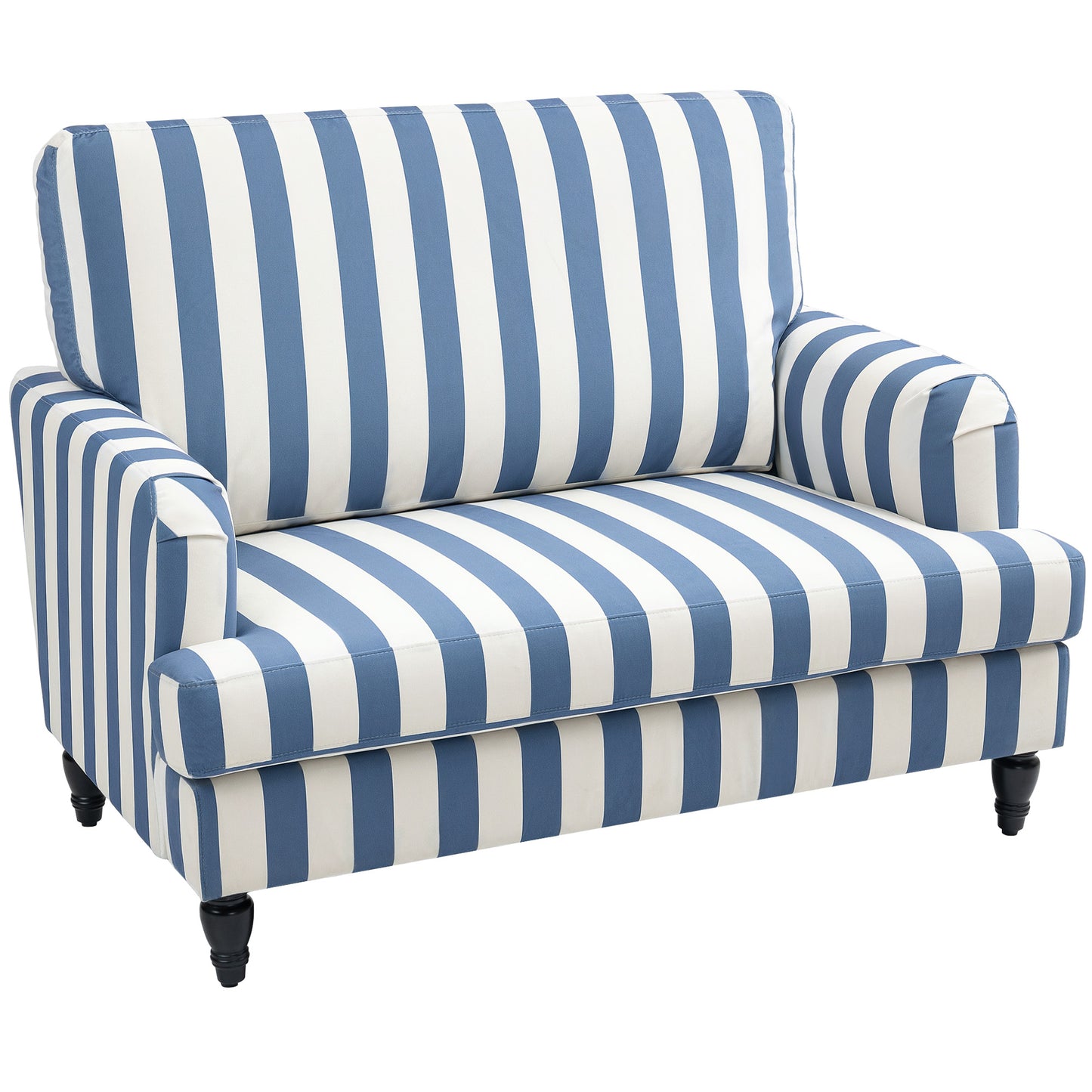 HOMCOM Modern Cuddle Chair, Velvet Single Sofa Armchair with Stripe, Turned Legs and Wide Seat, Upholstered Snuggle Chair for Living Room, Bedroom, Blue and White