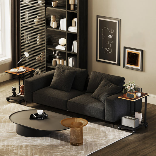 HOMCOM C Shaped Side Table Set of 2 with Wheels, Mobile End Table, Laptop Stand with Metal Frame and Storage Shelf, Rustic Brown