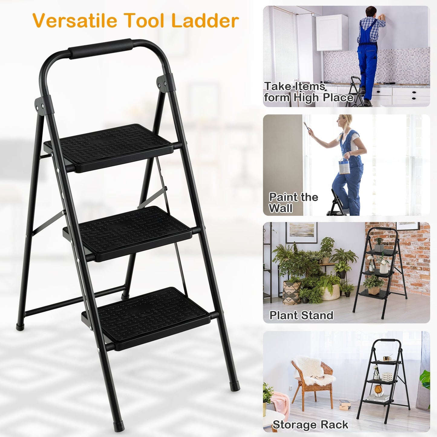 Folding Portable 3 Step Ladder with Anti-Slip Pedal and Handle-Black