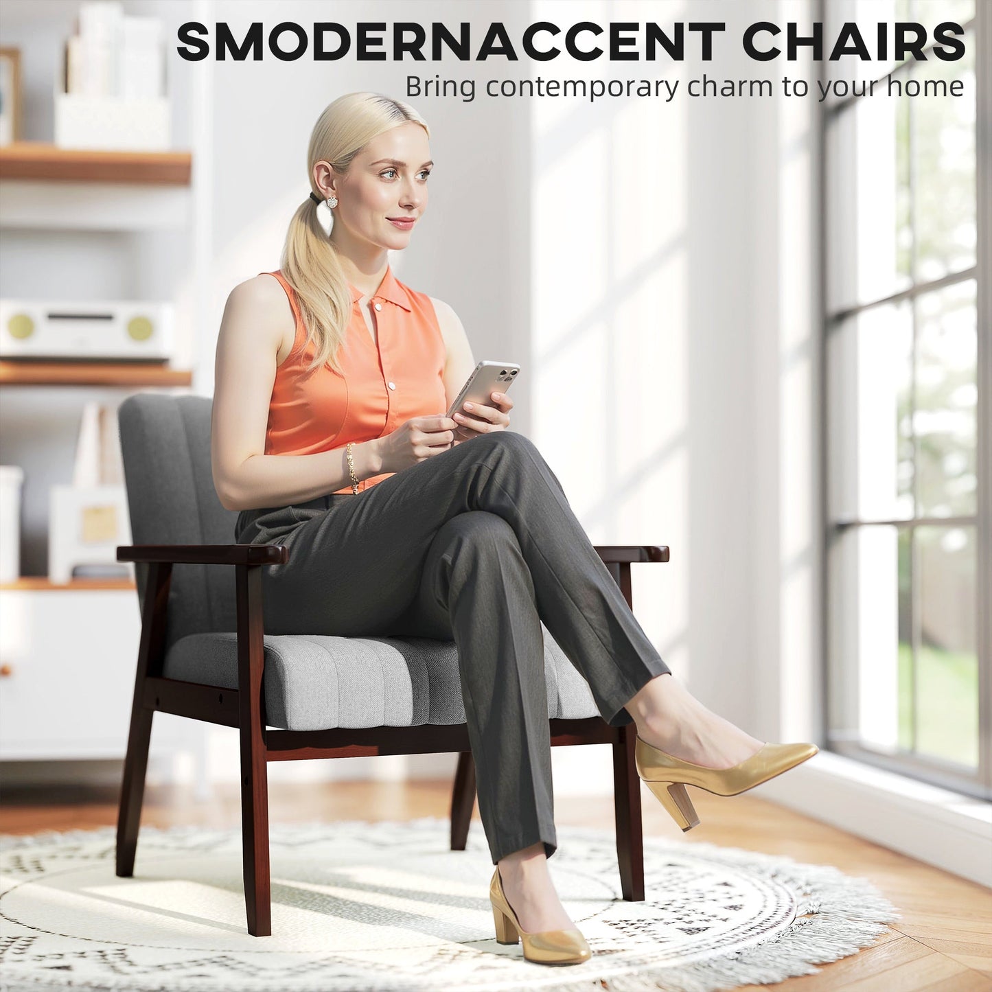 Fotel akcentowy HOMCOM Mid Century z drewnianymi nogami - szary