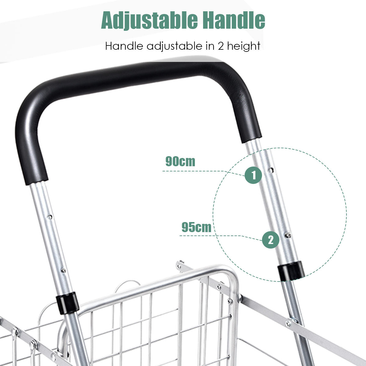 Folding Height Adjustable Shopping Trolley with Handle and Wheels-Silver
