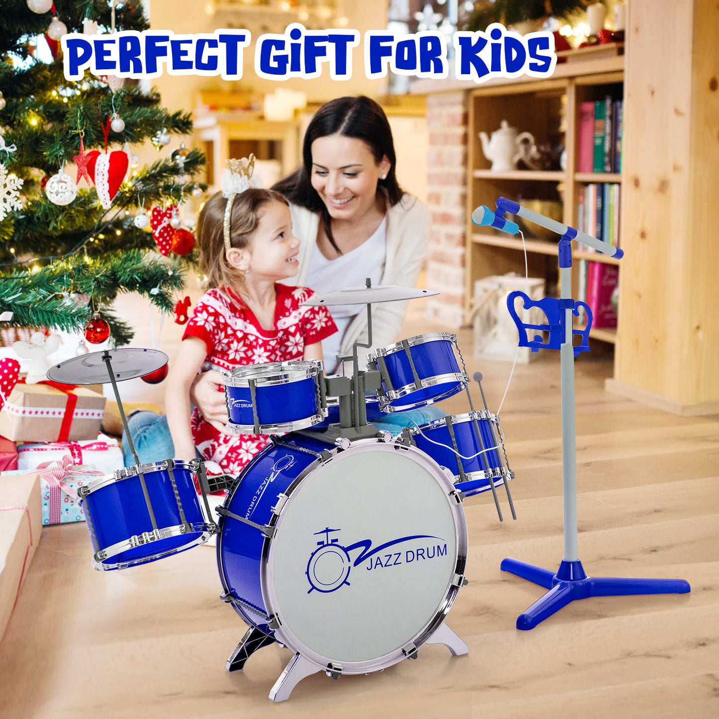 Kids Drum Kit with 8-Keys Keyboard, Microphone and 2 Drumsticks-Blue