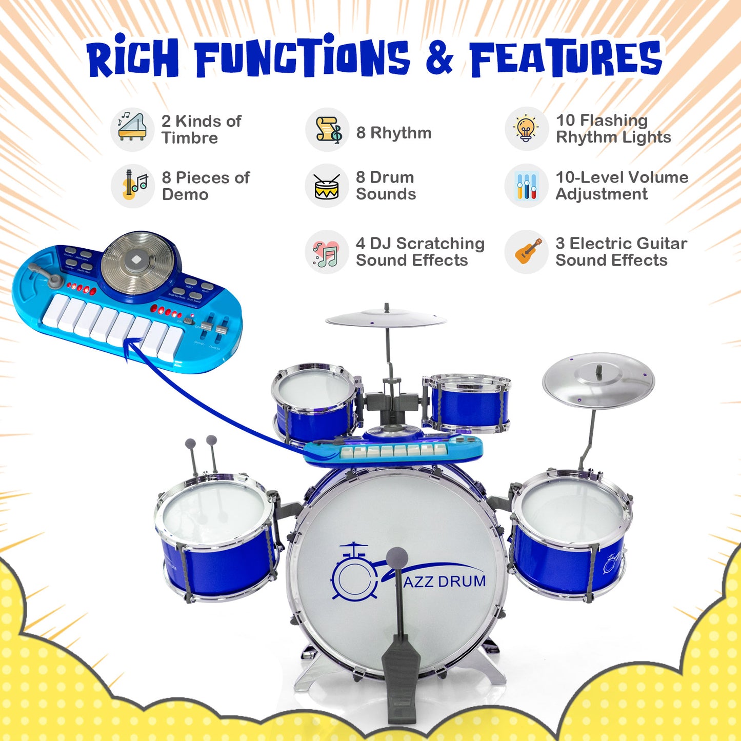 Kids Drum Kit with 8-Keys Keyboard, Microphone and 2 Drumsticks-Blue