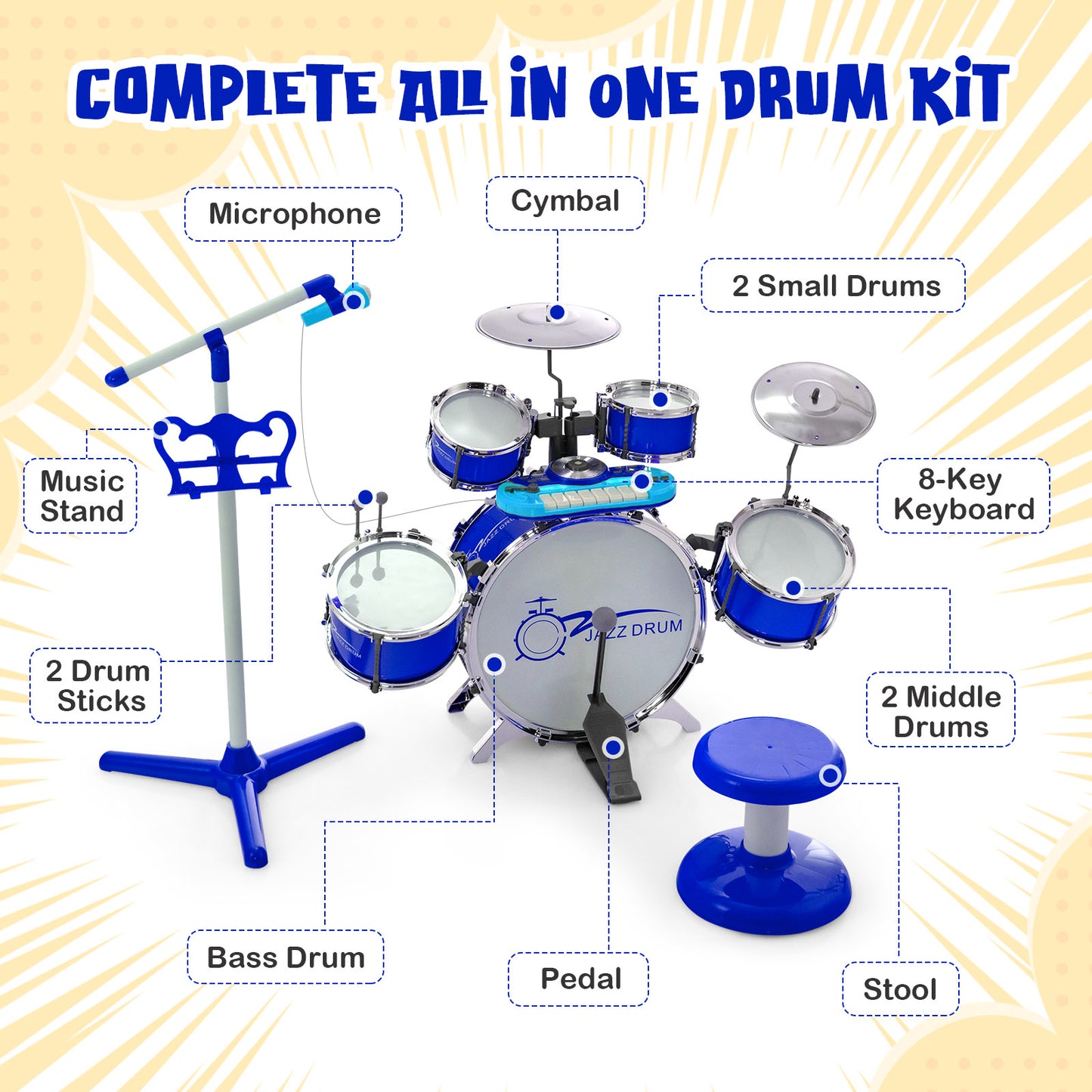 Kids Drum Kit with 8-Keys Keyboard, Microphone and 2 Drumsticks-Blue