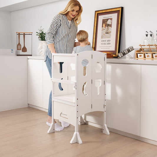 Folding Height Adjustable Kids Step Stool with Safety Latches-White