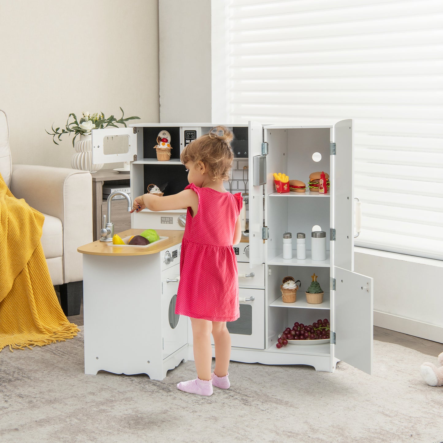 Kid's Corner Kitchen Playset Wooden Play Kitchen with Stove-White