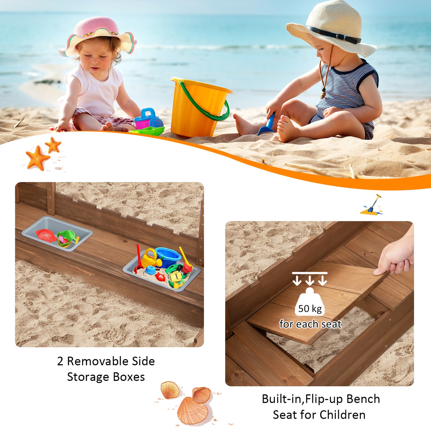 Solid Wood Kids Sandbox with 2 Bench Seats for Age 3+