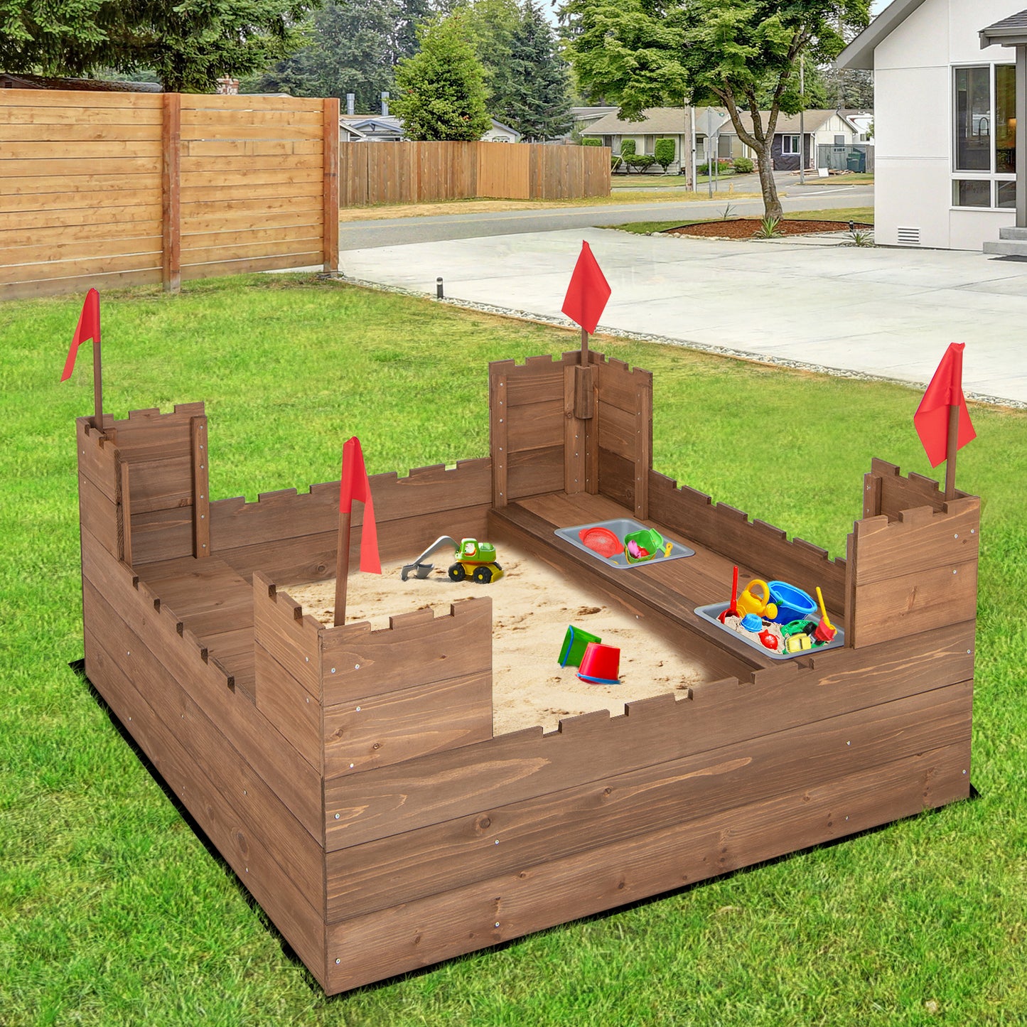 Solid Wood Kids Sandbox with 2 Bench Seats for Age 3+