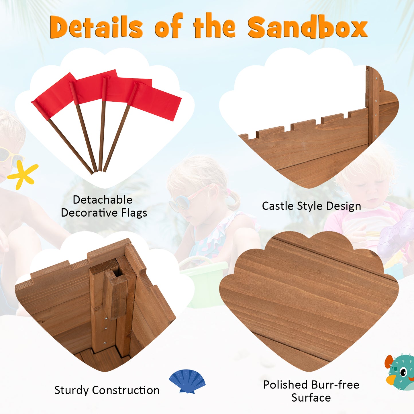 Solid Wood Kids Sandbox with 2 Bench Seats for Age 3+