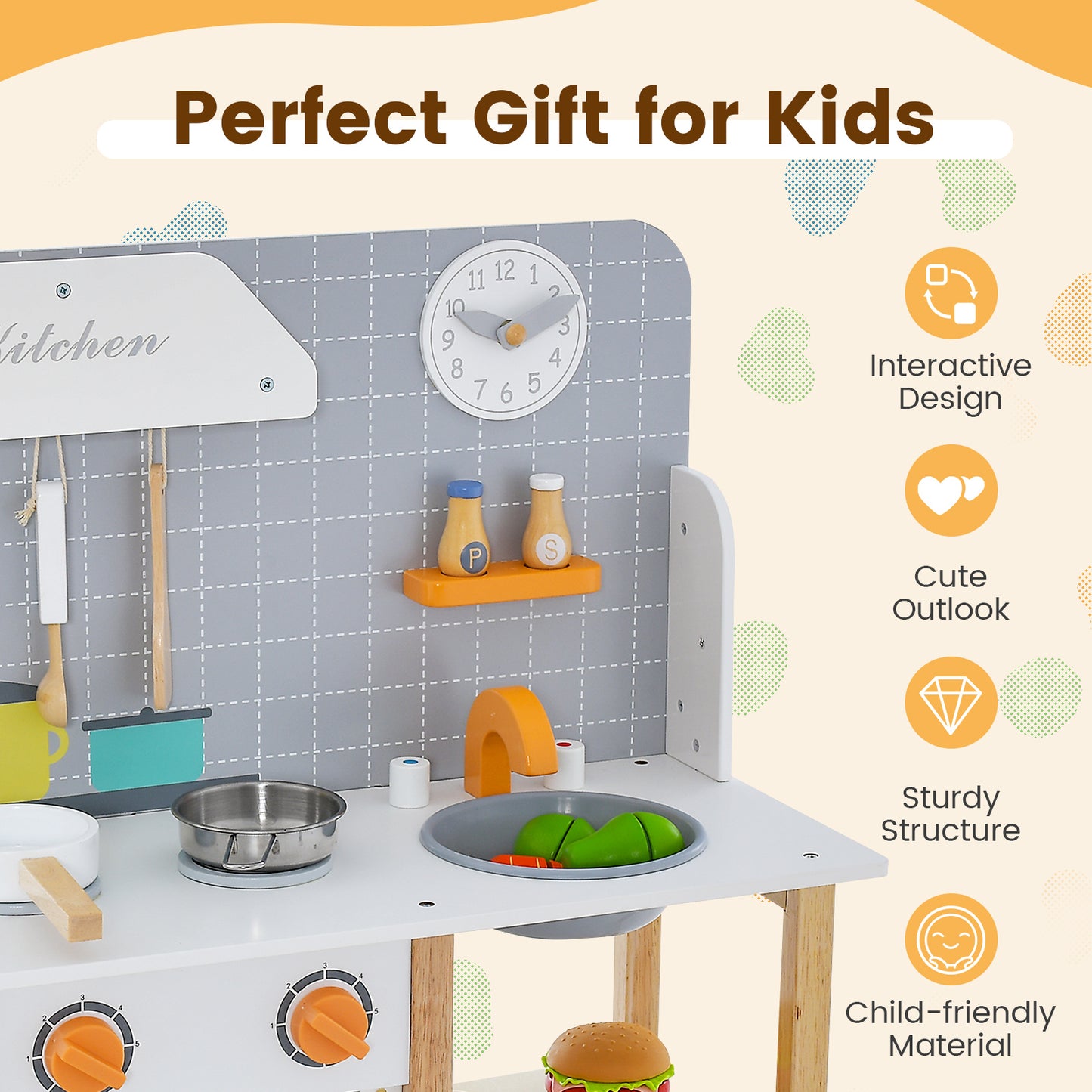 Wooden Kid's Play Kitchen Set with Cookware Accessories