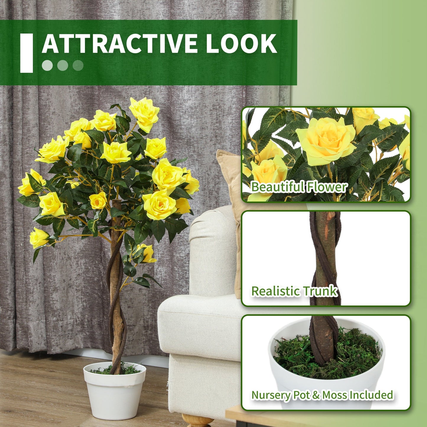 Outsunny Set of 2 Artificial Plants White Rose Floral in Pot, Fake Plants for Home Indoor Decor, 90cm, Yellow