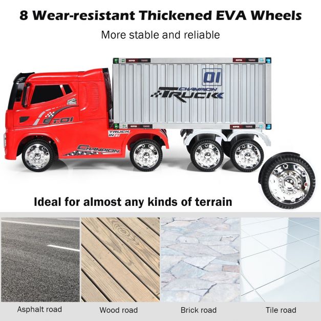 12V Ride-On Semi-Truck with Container for Kids of 3-8 Year Old-Red