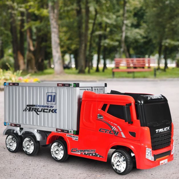 12V Ride-On Semi-Truck with Container for Kids of 3-8 Year Old-Red