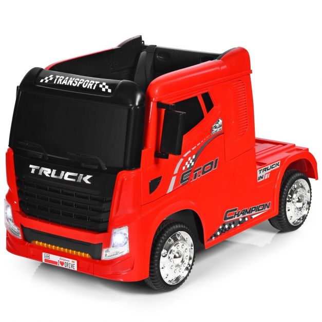 12V Ride-On Semi-Truck with Container for Kids of 3-8 Year Old-Red