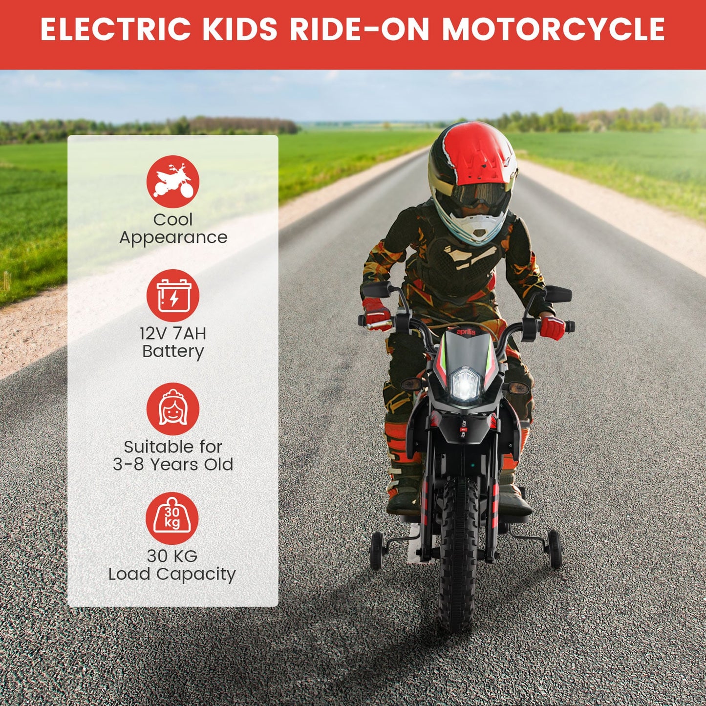 12V Battery Powered Toddler Motorbike with Music for 3-8 Years Old Kids-Red