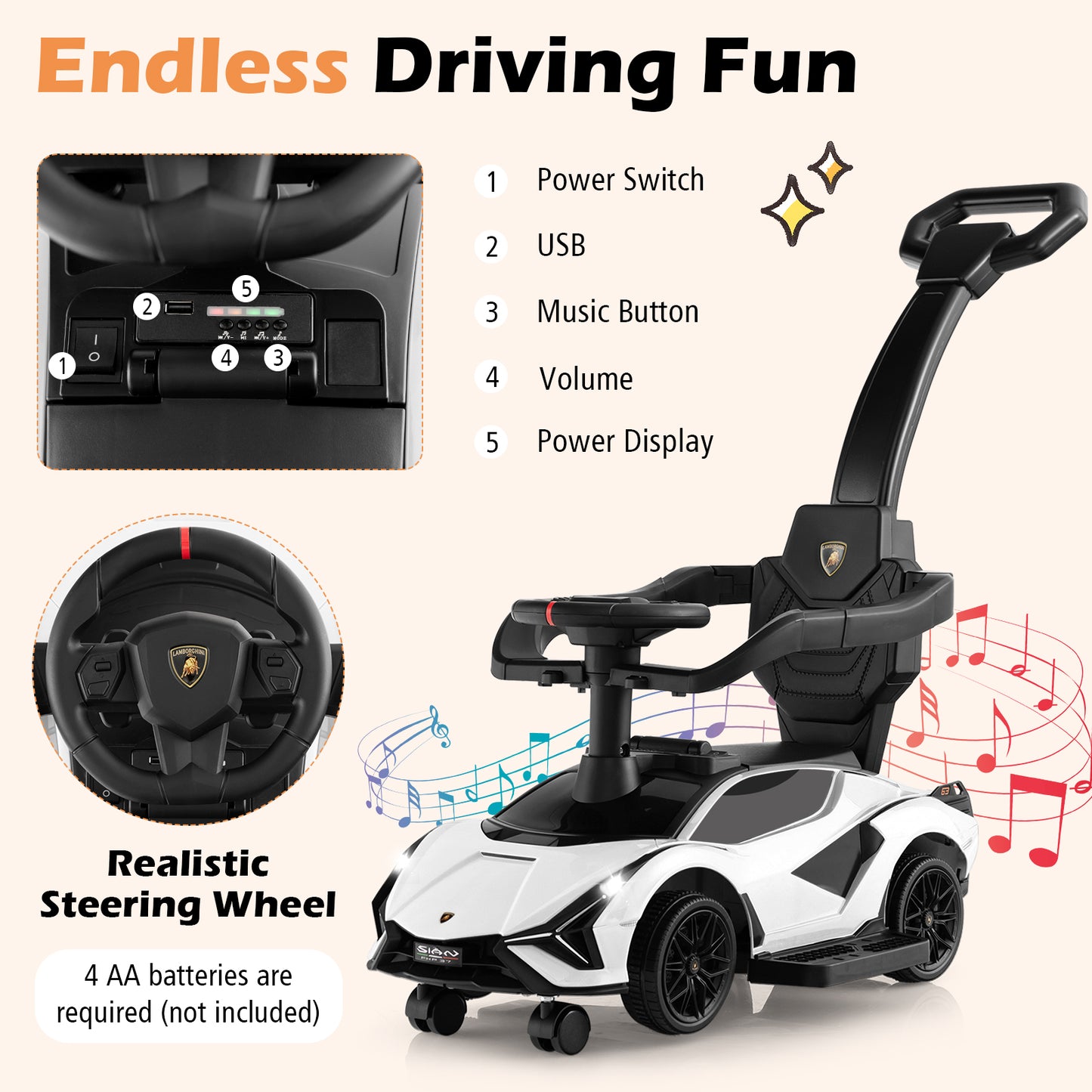 3-in-1 Ride On Push Car with Removable Guardrails and Handle-White