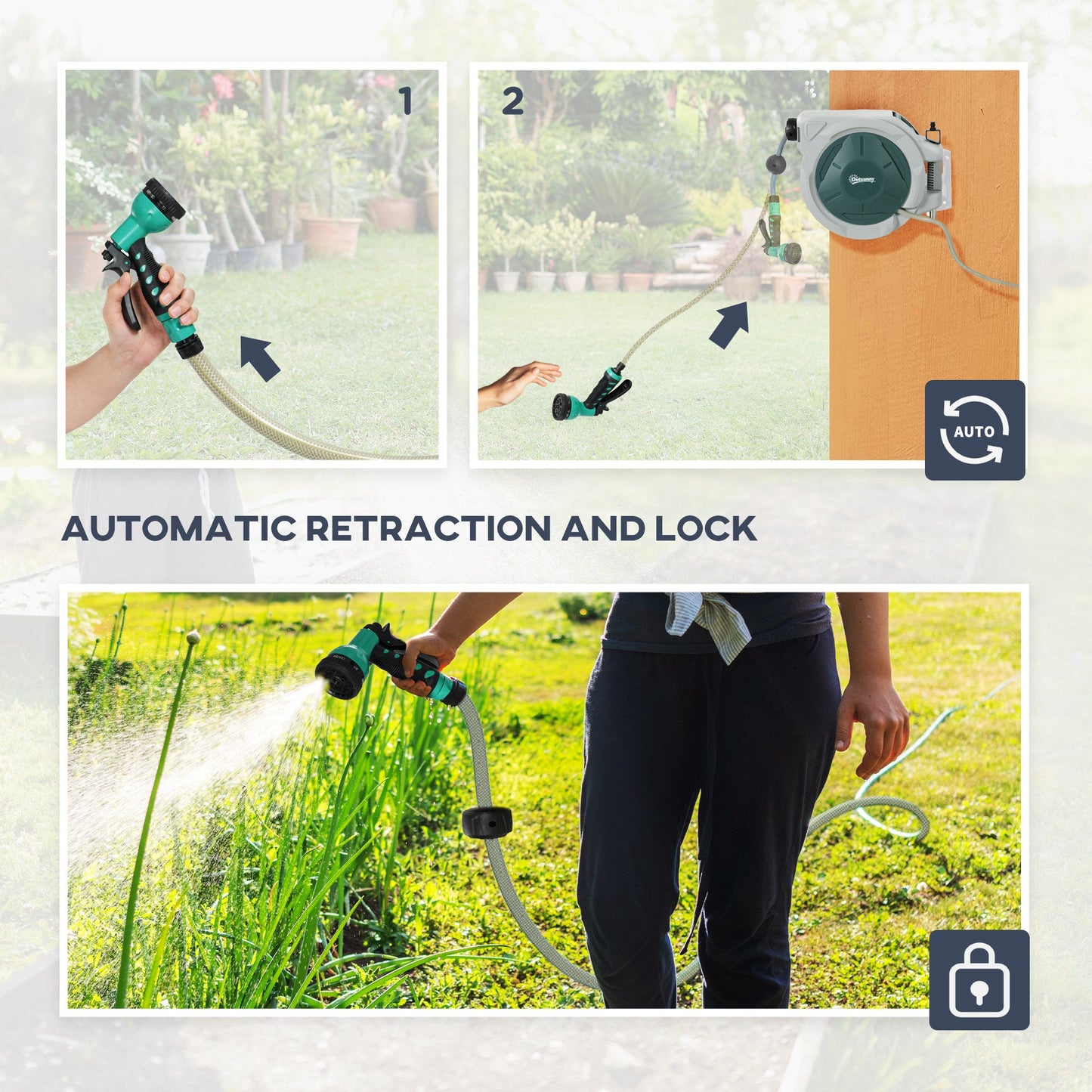 بكرة خرطوم قابلة للسحب من Outsunny مثبتة على الحائط، بكرة خرطوم حديقة بطول 20+2 متر مع قفل، لف تلقائي، فوهة رش 7 في 1، تتضمن مثبتات حائط، دوارة 180 درجة، ري خارجي، أخضر