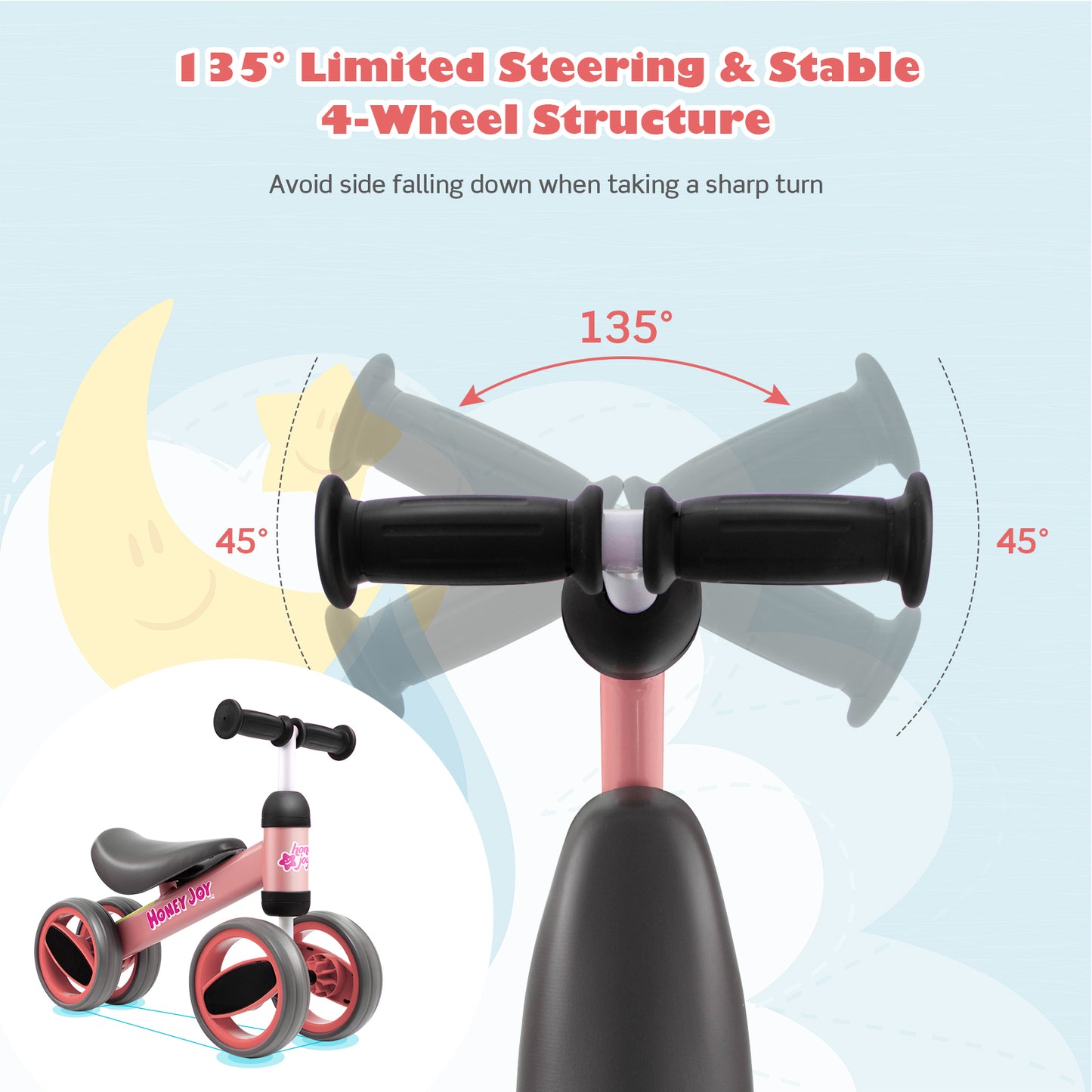 Baby Balance Bike with 4 Wheels and Limited Steering-Pink