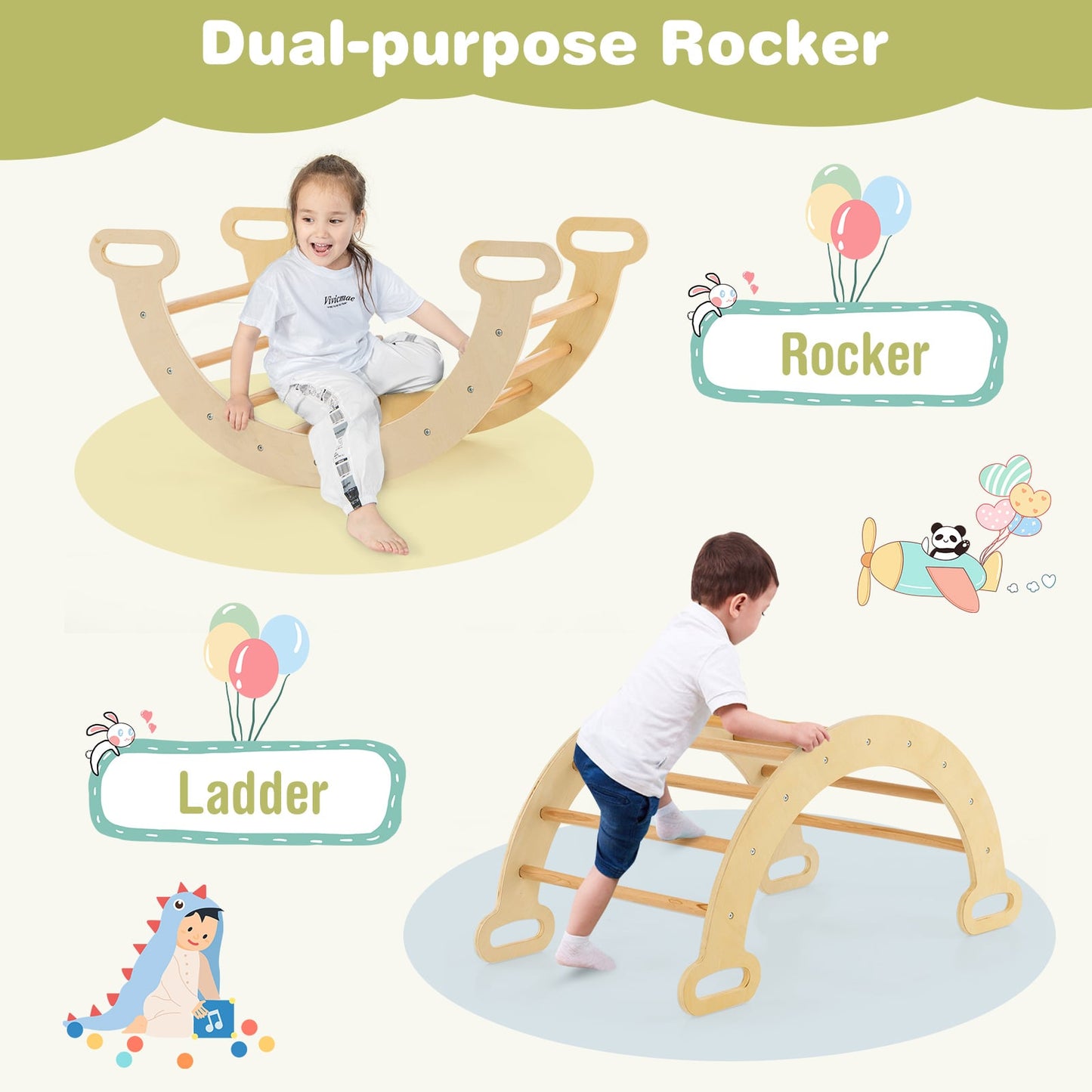 5-in-1 Triangle Climbing Toys with Arch Ramp for 1+ Years Old-Natural