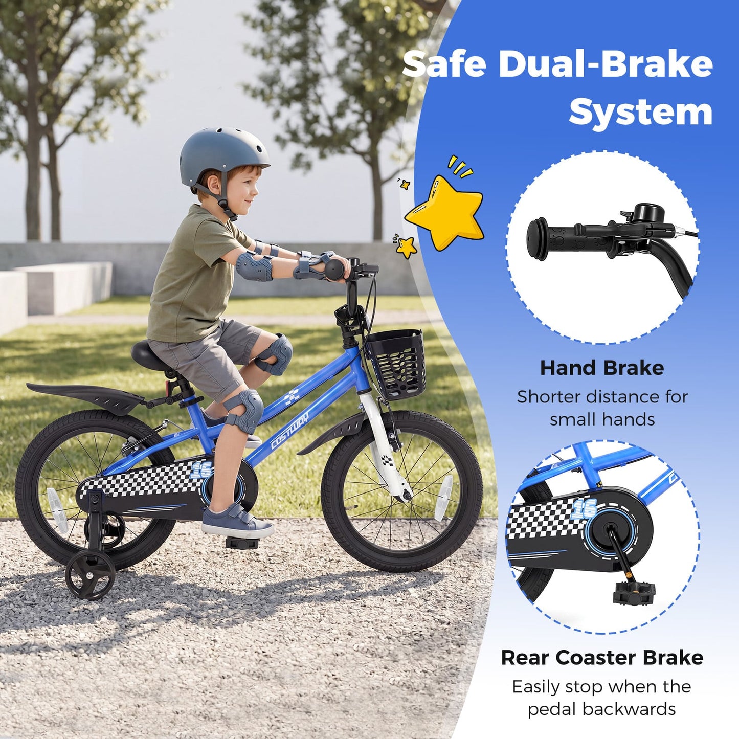 16 Inch Kids Bike with Dual Brakes for 4-7 Years Checkered Racing Series Blue