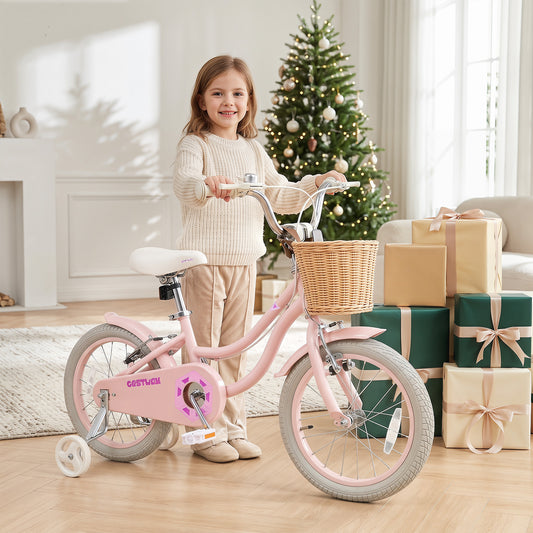 16 Inch Girls Bike with Woven Basket for 4-7 Years Cottage Series Sakura Pink