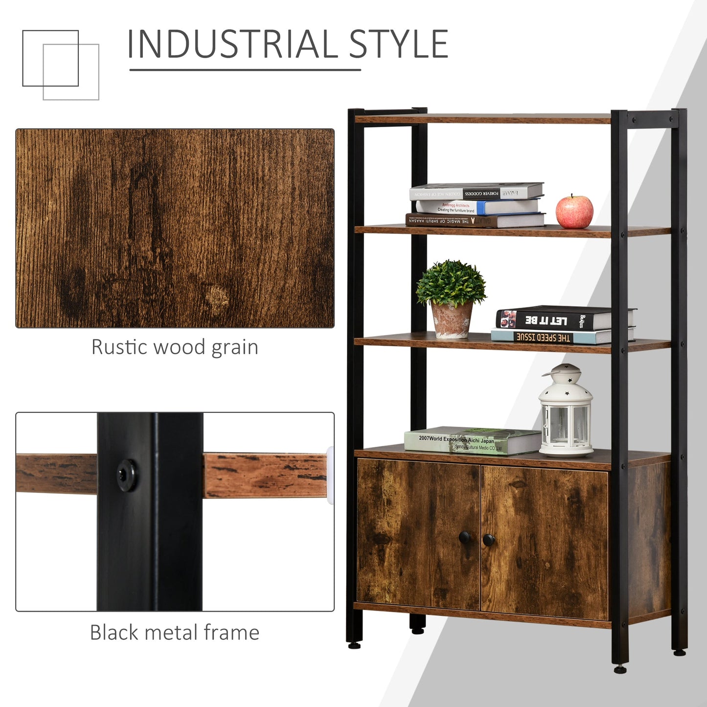 HOMCOM Industrial Bookshelf, szafka do przechowywania z 3 poziomami i drzwiami, do domowego biura, salonu Rustykalny brąz