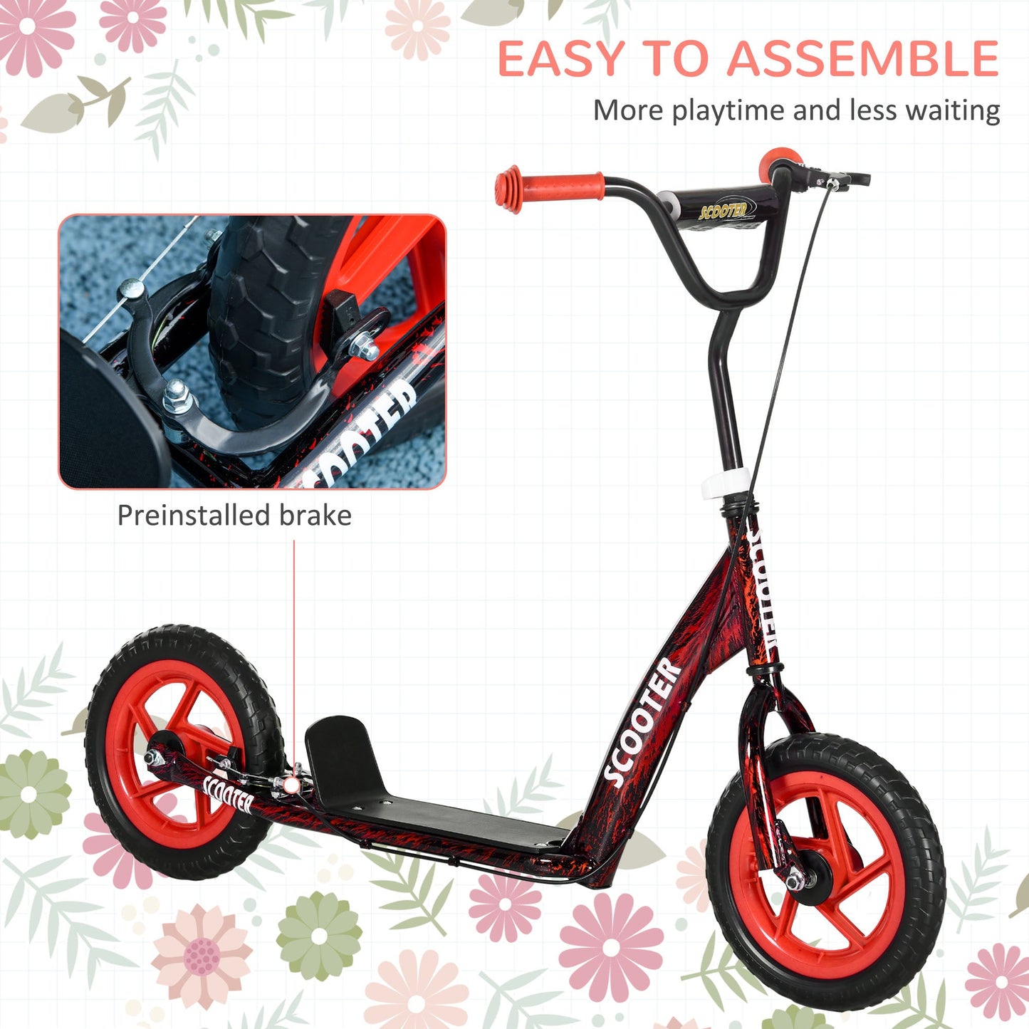 AIYAPLAY Kids Scooter with Adjustable Handlebar, Children's Kick Scooter with Non-slip Footplate, Rear Brake, Kickstand, Red