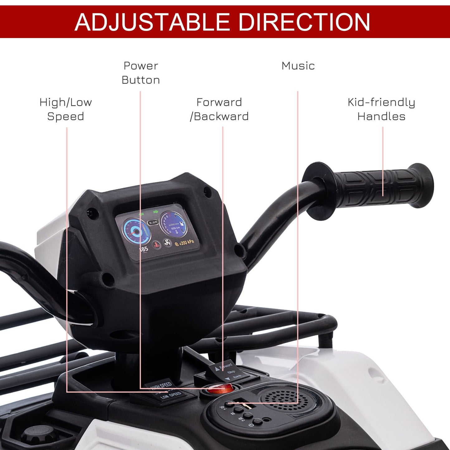 HOMCOM 12V Quad dla dzieci z funkcjami jazdy do przodu i do tyłu, jeździk ATV z muzyką, diodami LED, reflektorami, dla dzieci w wieku 3-5 lat - biały
