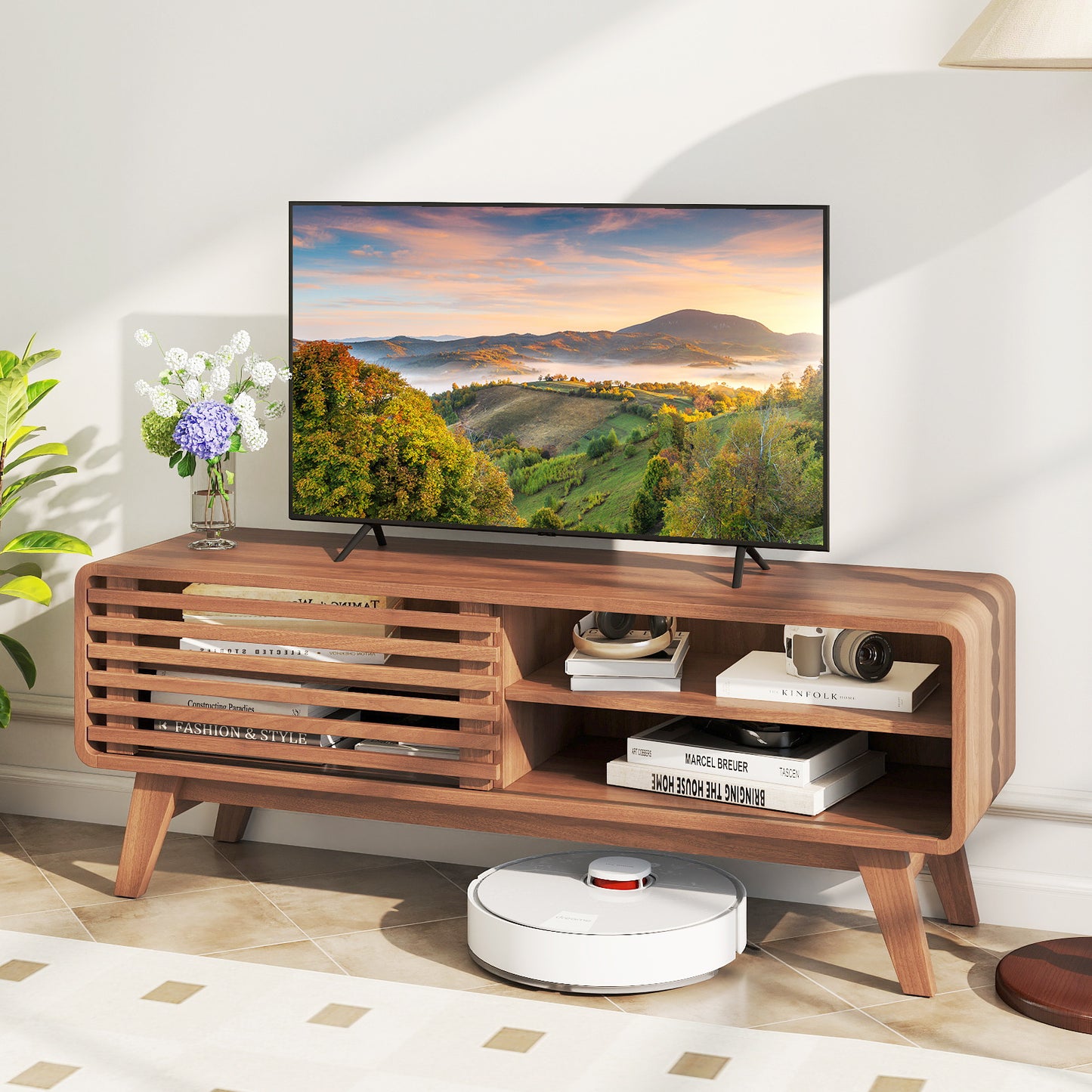 TV Stand for TVs up to 55 Inches Entertainment Center with Sliding Door-Walnut