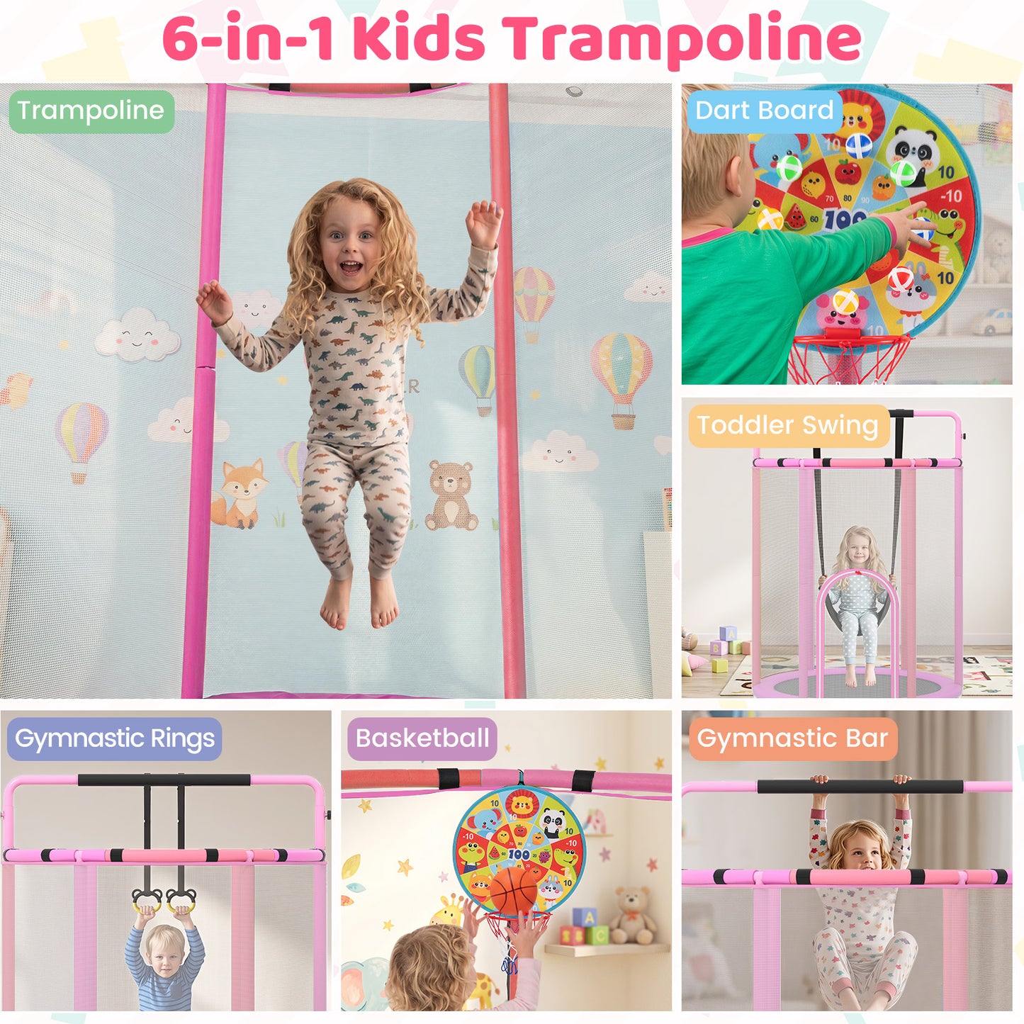 6-in-1 Kids Trampoline 140 cm Indoor Outdoor Trampoline with Swing-Purple