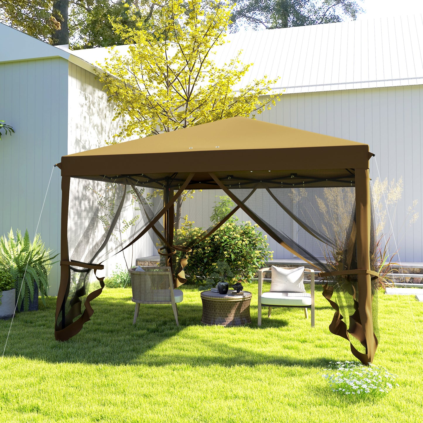 Outsunny 3 x 3Â m Pop Up Gazebo, 420D Garden Tent Canopy with Removable Mesh Sidewall Netting, Carry Bag for Garden Patio Outdoor, Khaki