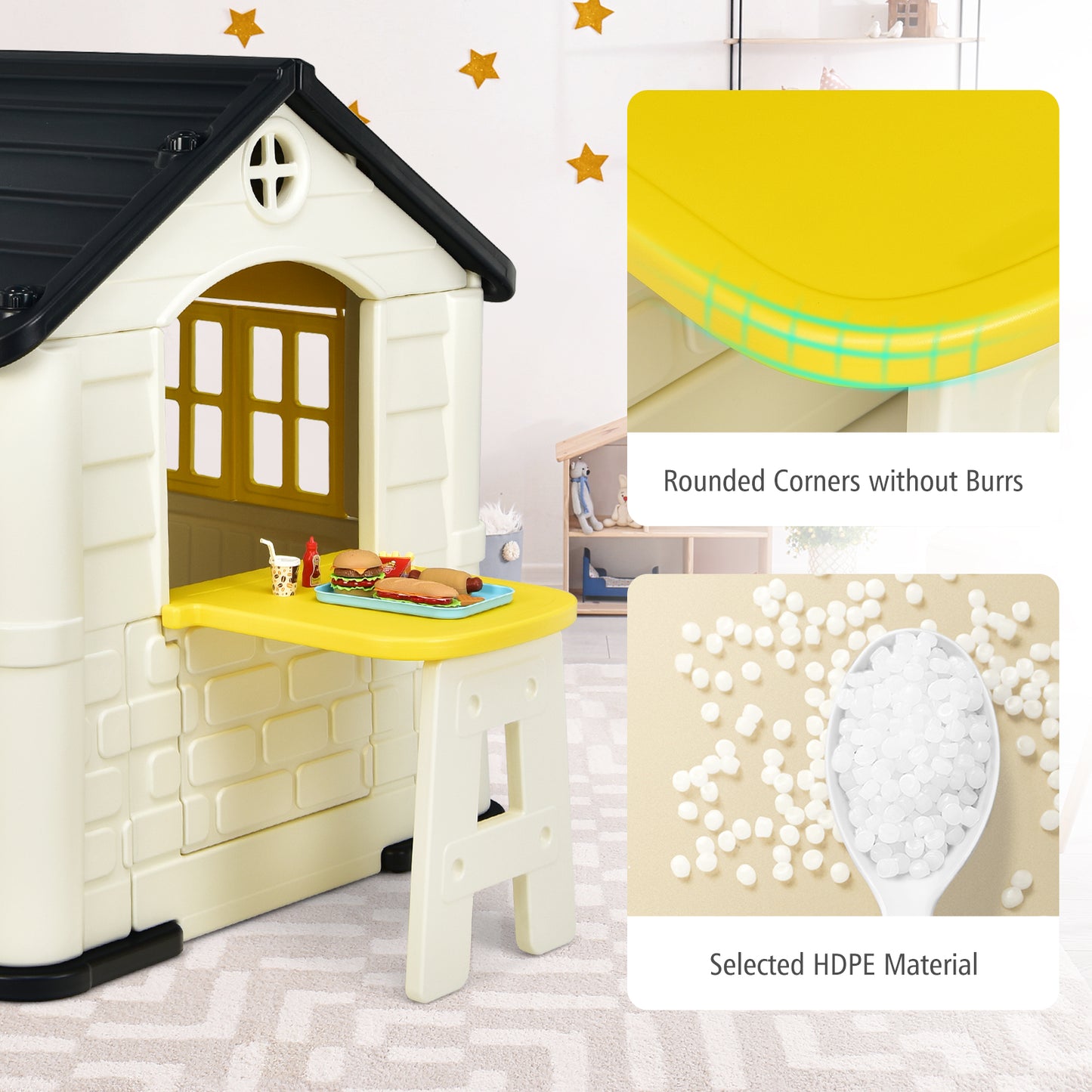 Outdoor Cottage Pretend Play Center with Picnic Table and Food Toy Set-Yellow