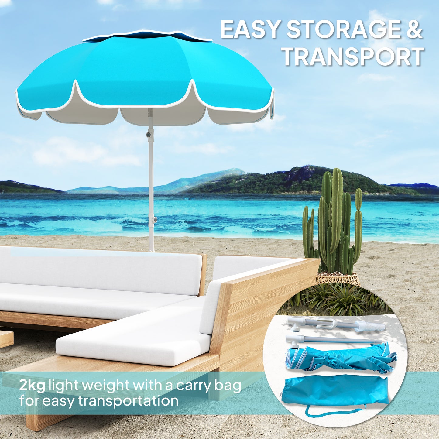 Outsunny Parasol plażowy przenośny z kotwicą piaskową, torba transportowa, regulowana wysokość i nachylenie, ochrona UV UPF50+, niebieski