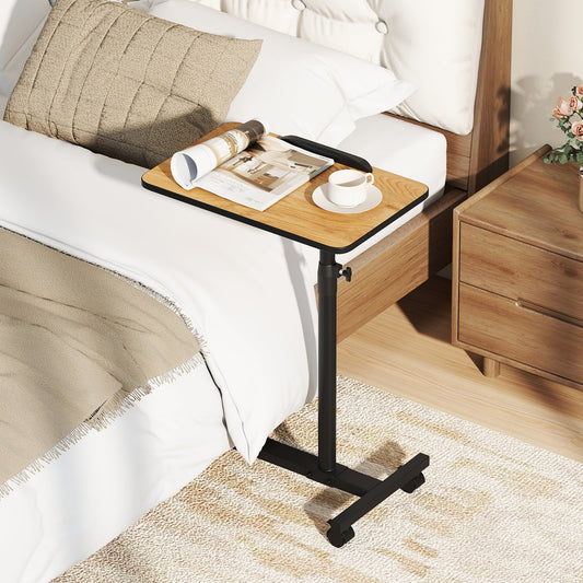 Overbed Table Tilting Bedside Table with Lockable Wheels Adjustable Height-Brown