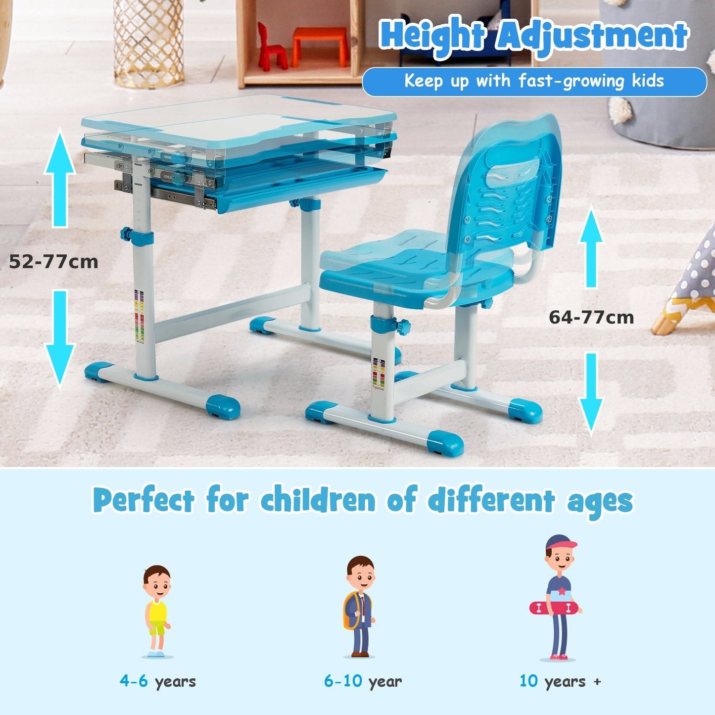 Height Adjustable Kids Study Table and Chair Set with Tilting Tabletop-Blue