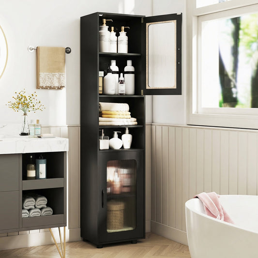 Tall Bathroom Storage Cabinet with Adjustable Shelf for Laundry-Black