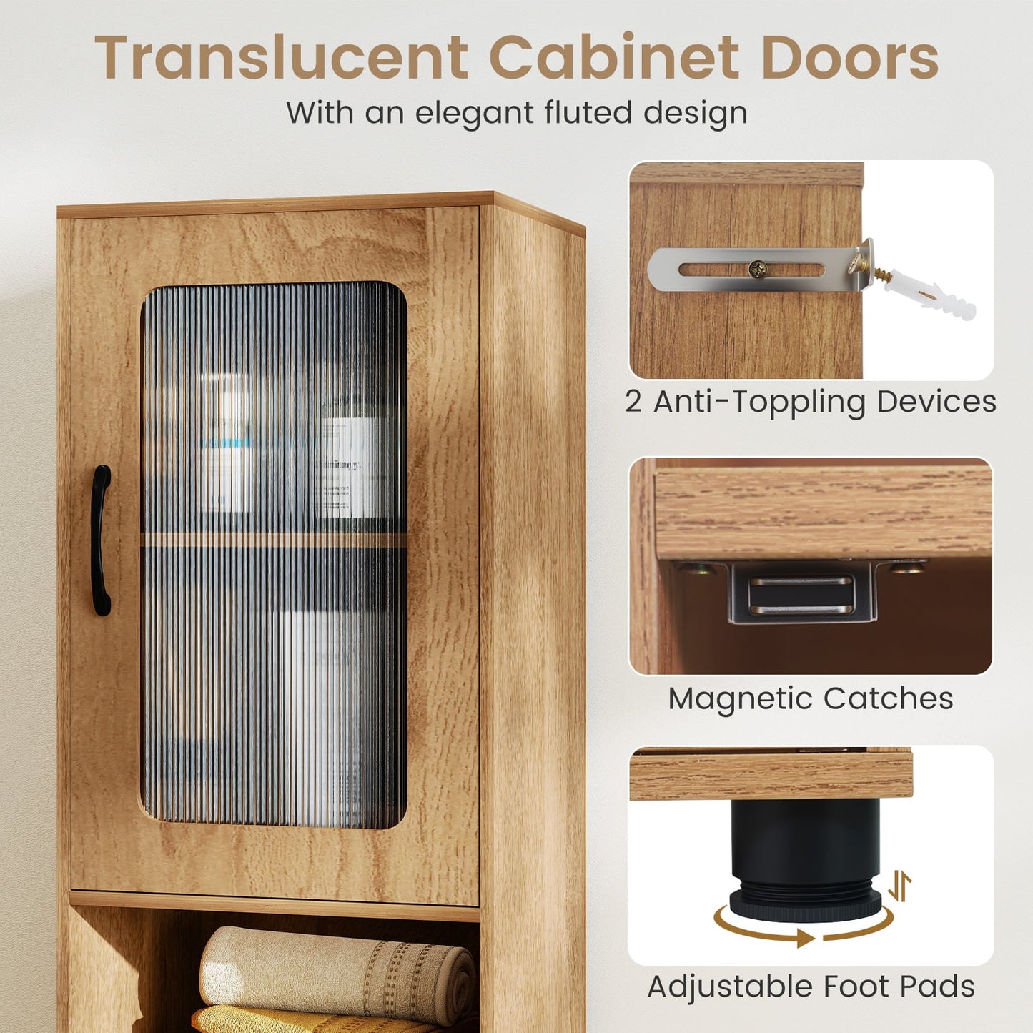 Tall Bathroom Storage Cabinet with Adjustable Shelf for Laundry-Natural