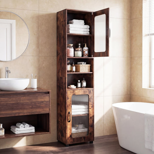 Tall Bathroom Storage Cabinet with Adjustable Shelf for Laundry-Rusticbrown