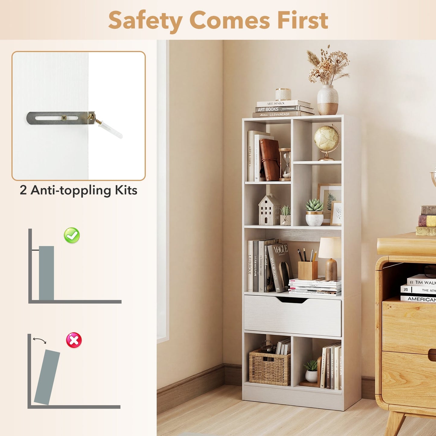 Tall Freestanding Bookshelf with 7 Open Cubes and Anti-toppling Kits for Living Room-White