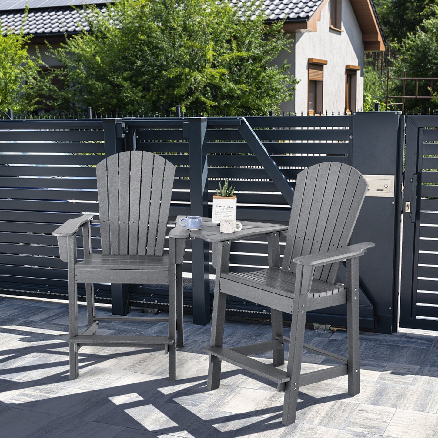 Tall Adirondack Chair Set of 2 with Middle Connecting Tray-Grey