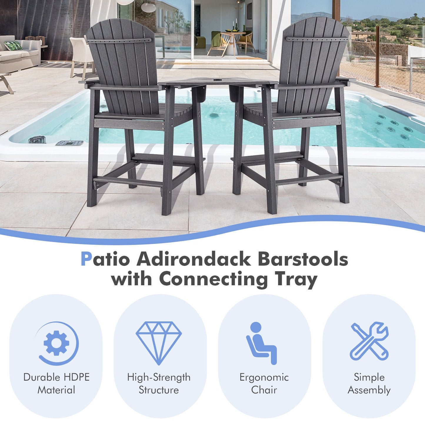 Tall Adirondack Chair Set of 2 with Middle Connecting Tray-Grey