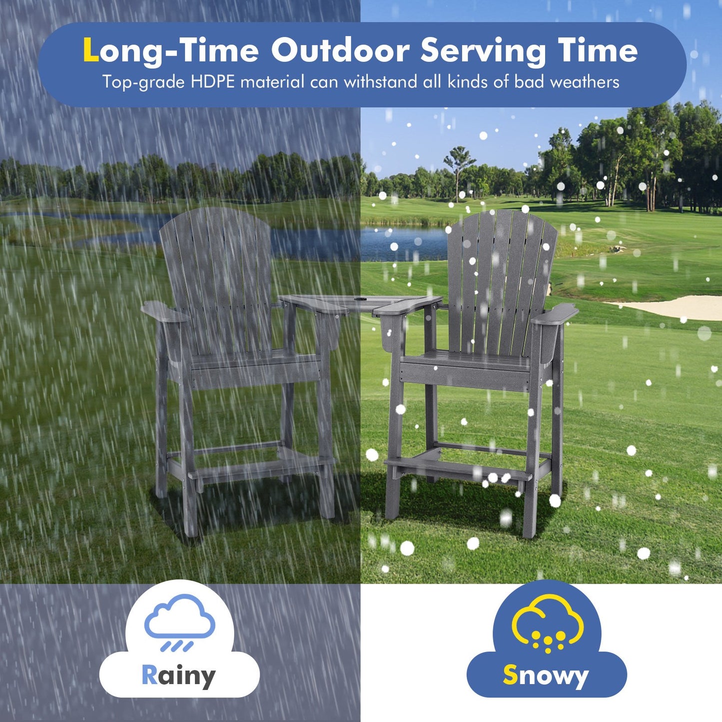 Tall Adirondack Chair Set of 2 with Middle Connecting Tray-Grey